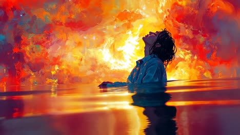 surreal portrait of a person emerging from colorful waters at dusk