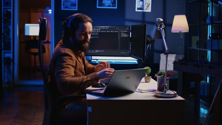 Programmer does multitasking, drinks coffee, listens music
