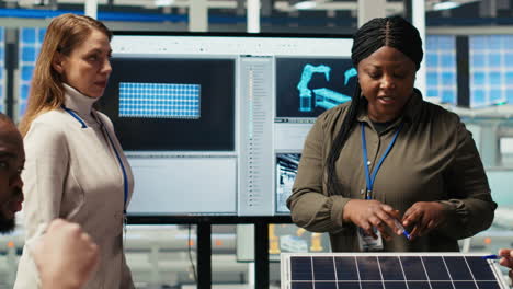 shareholders meeting in photovoltaics plant, analyzing market trends