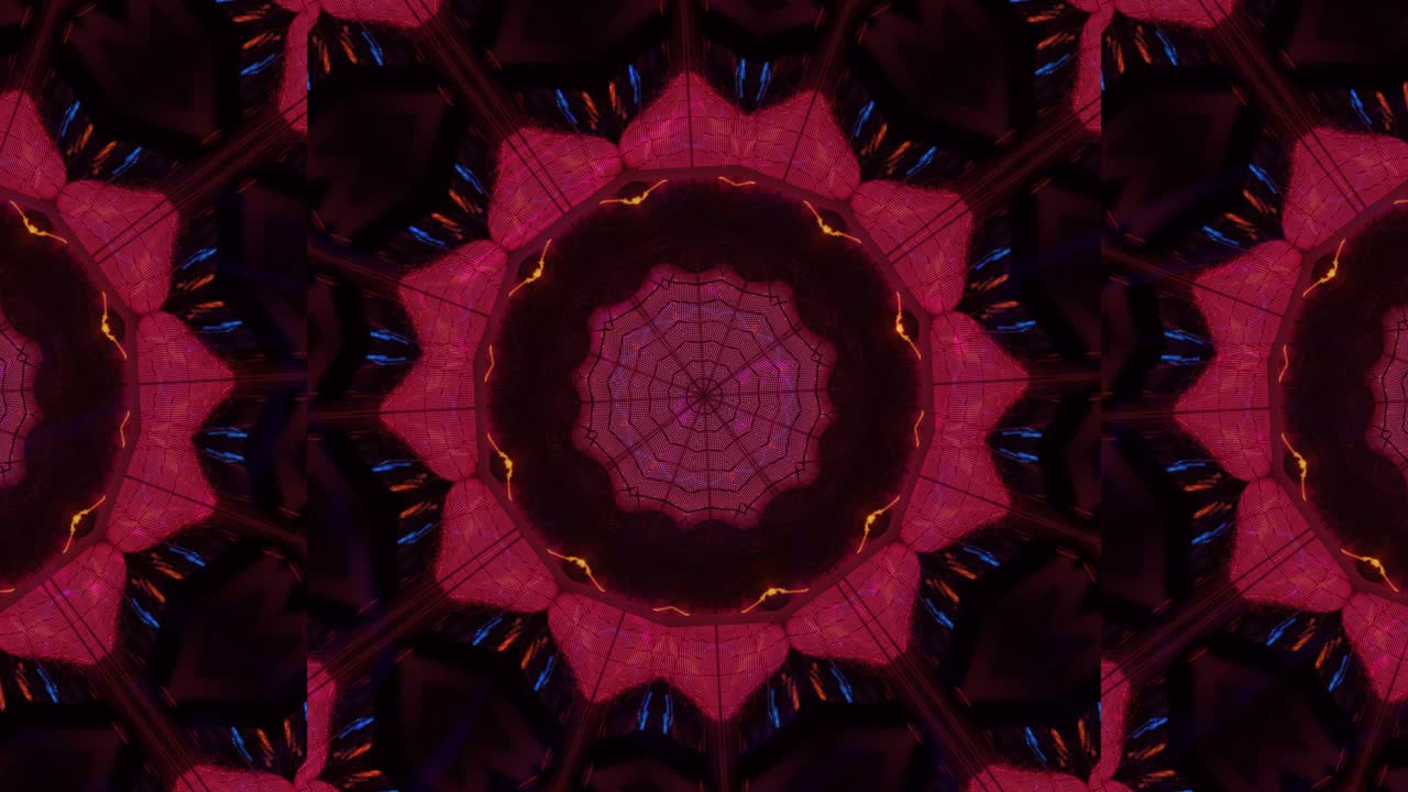 bucle vj: caleidoscopio giratorio y brillante que crea patrones geométricos aleatorios en rojo, naranja y azul