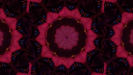 VJ-Loop---Glowing-and-Rotating-Kaleidoscope-Creating-Random-Geometric-Patterns-in-Red,-Orange-and-Blue