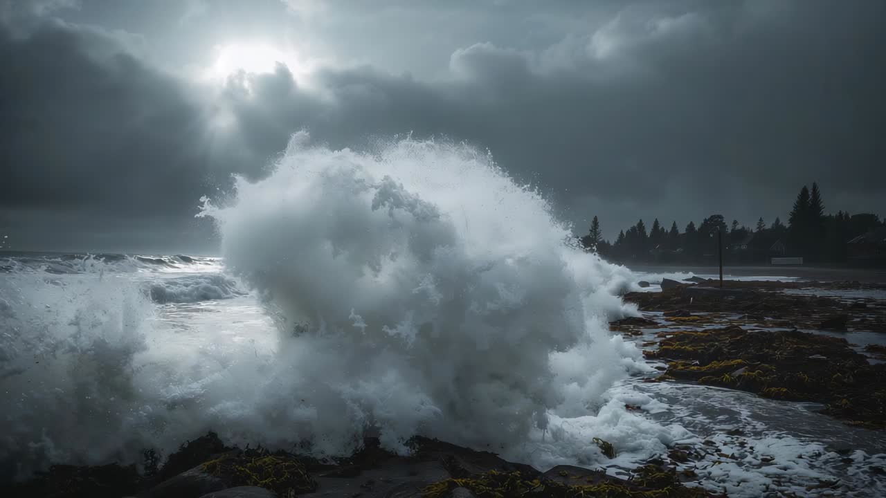 Strong wind pushing ocean waves crashing rocky outcrop on shore, with frothy foam, trees and houses