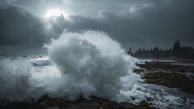 Fort vent poussant les vagues de l’océan qui s’écrasent sur un affleurement rocheux sur le rivage, avec de l’écume mousseuse, des arbres et des maisons