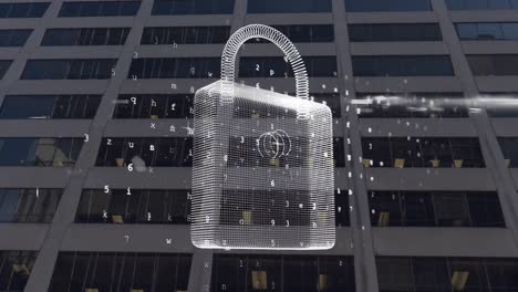 animación de candado y procesamiento de datos sobre el paisaje urbano