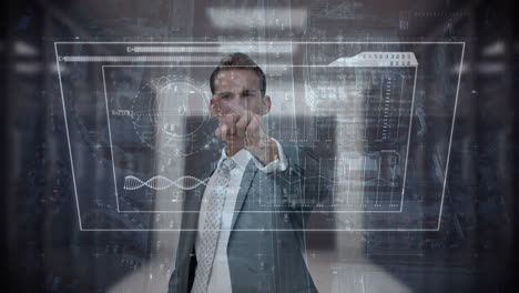 digital composite of business man touching futuristic screen