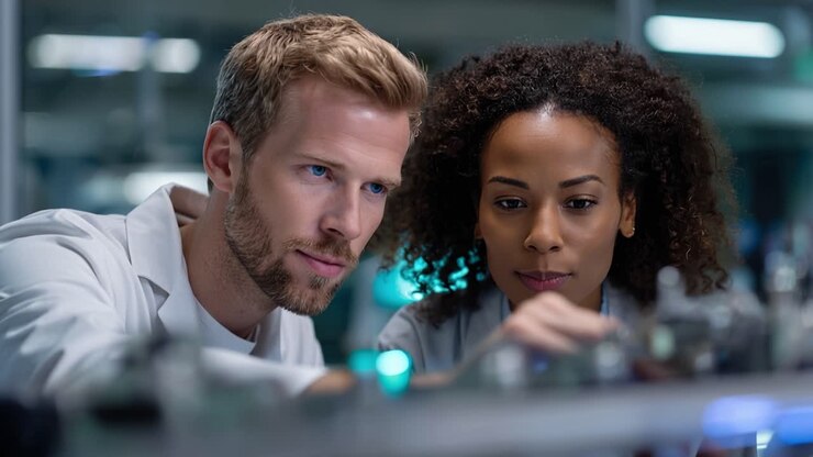 Two scientists examine a glowing lab instrument. They focus intently, sharing concentrated thought. Their teamwork suggests discovery or problem-solving. Ideal for research, education