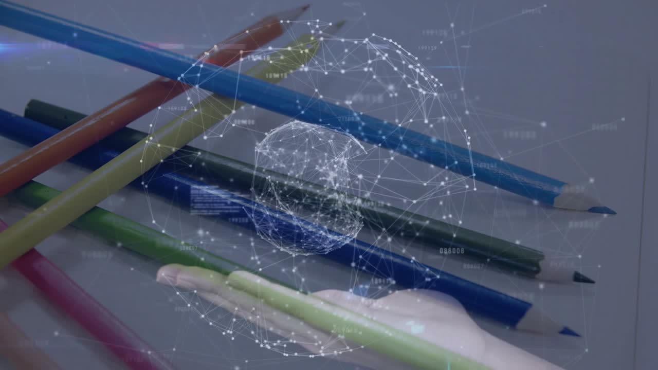 On code snippet appearing network sphere forming over pencils open palm holding rotating data globe