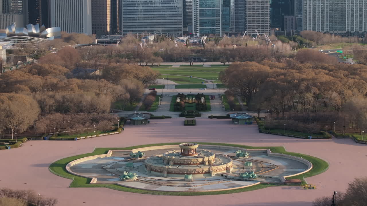 Aerial view of Chicago's Millennium Park at sunrise.