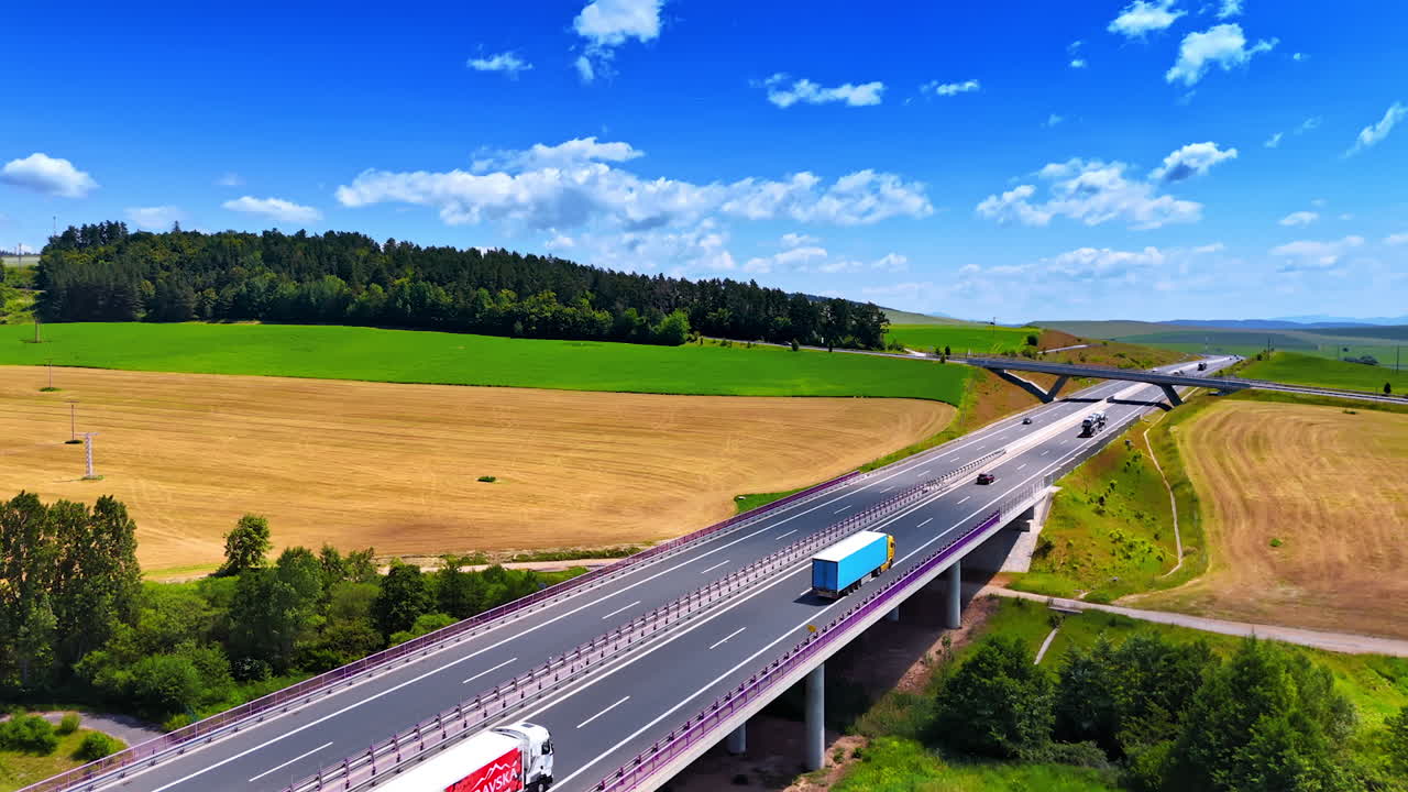Bridges on the highways in the rural area in Slovakia. Beautiful nature landscapes are around the roads. Aerial view