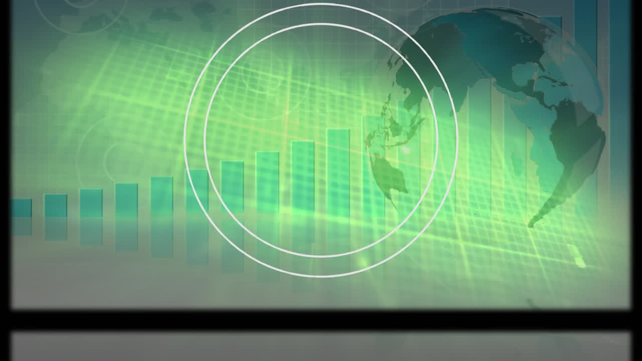animación de alcance circular y marco deslizante sobre sobre gráfico, globo y procesamiento de datos, en verde