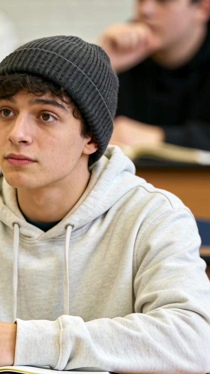 Vídeo vertical: Professor falando com aluno de gorro e moletom com capuz na sala de aula, que olha e escreve no caderno.