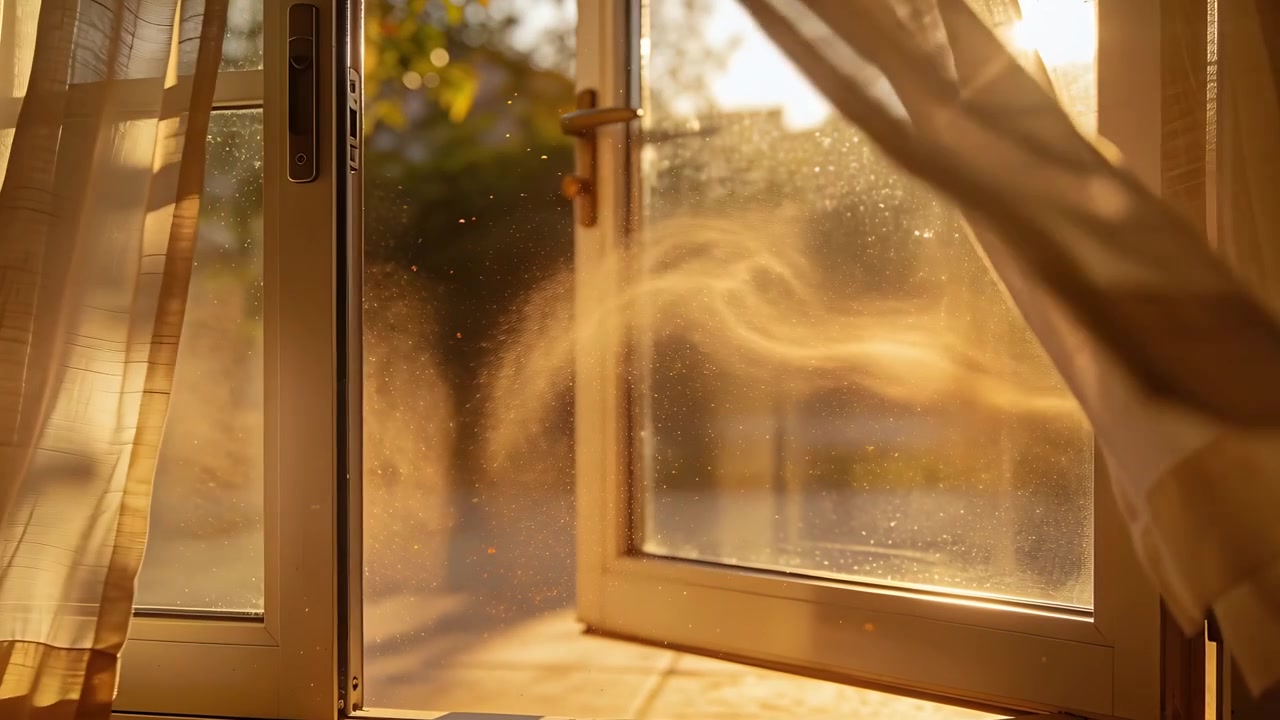 Billowing right-hand sheer curtain, gentle gust pushing through open casement window, dust swirling