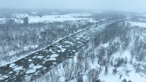 winter weather forming ice floats on the grand river
