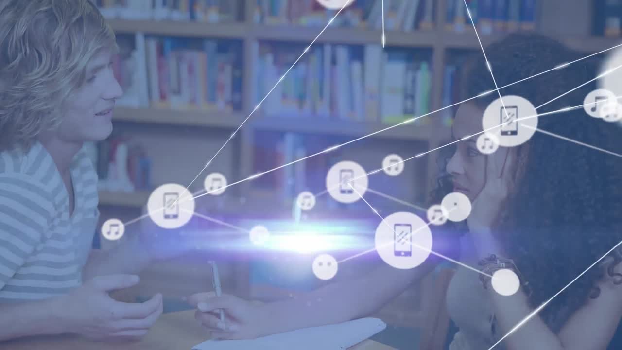 대학 도서관에서 공부하는 다양한 소녀와 소년에 대한 디지털 아이콘 네트워크의 애니메이션