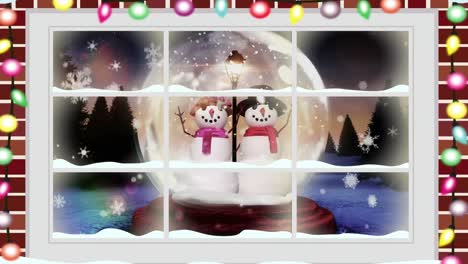 Digitale-Animation-Von-Lichterketten-Auf-Holzfensterrahmen-Vor-Schneefallendem-Schneemann