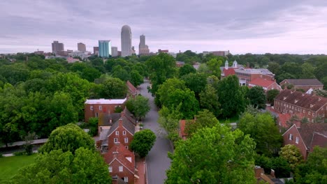 aerial tilt up from old salem to winston salem nc, north carolina