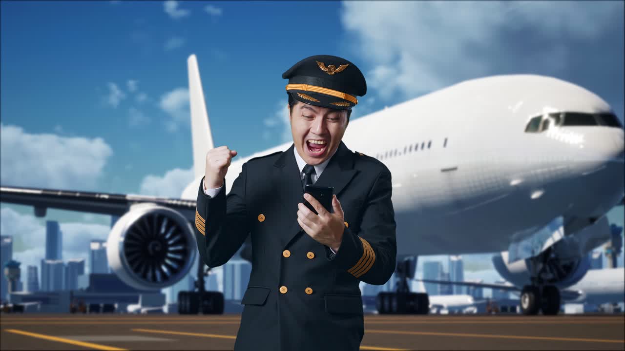 아시아인 조종사가 스마트폰을 보고 그 다음에는 비명을 지르며 골을 축하하고 공항에 서서 배경에 비행기를 가지고 있습니다.