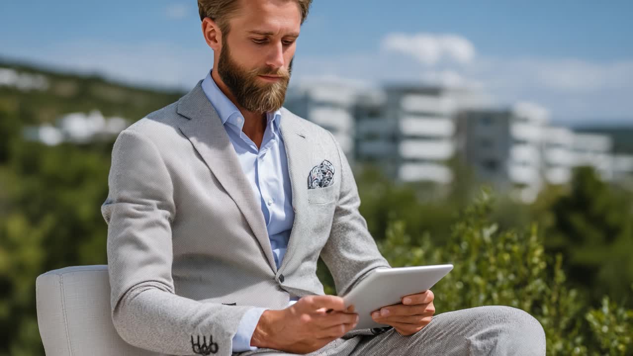 A poised man in a stylish gray suit engages with his tablet, surrounded by a serene outdoor setting that enhances his modern lifestyle and professional demeanor