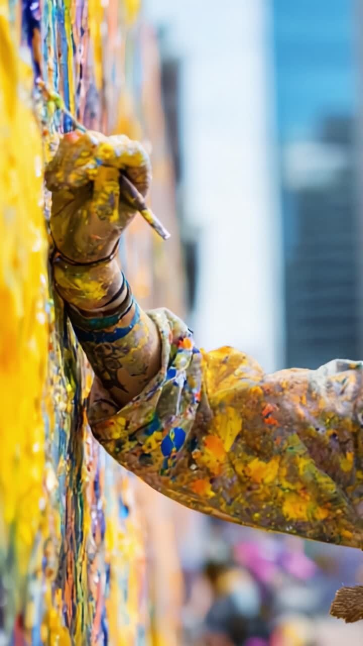 Vibrant Artistic Expression: A Close-Up of a Painter's Hand Skillfully Creating a Colorful Mural with Bright Paints on an Urban Wall in a Dynamic Environment