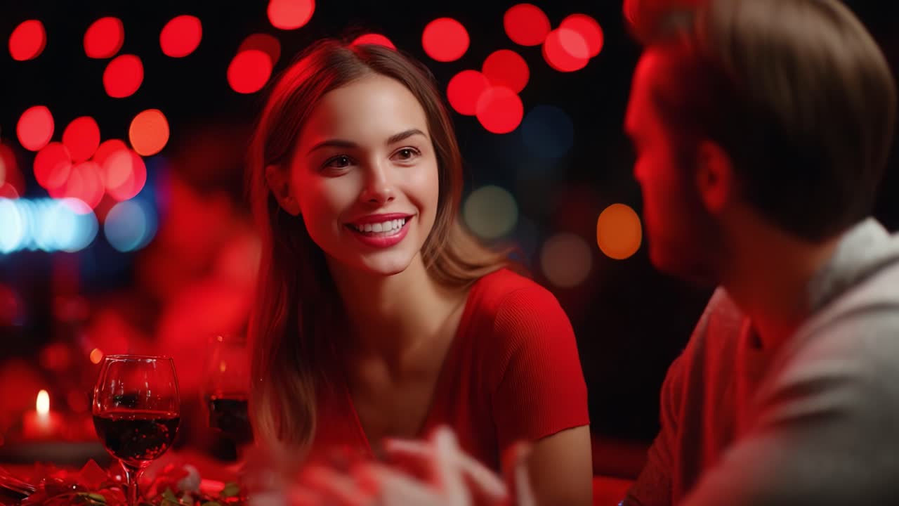 A Romantic Dinner Atmosphere: A Captivating Evening with Beautiful Décor, Intimate Conversations, and Laughter Shared Under a Canopy of Warm Red Lights
