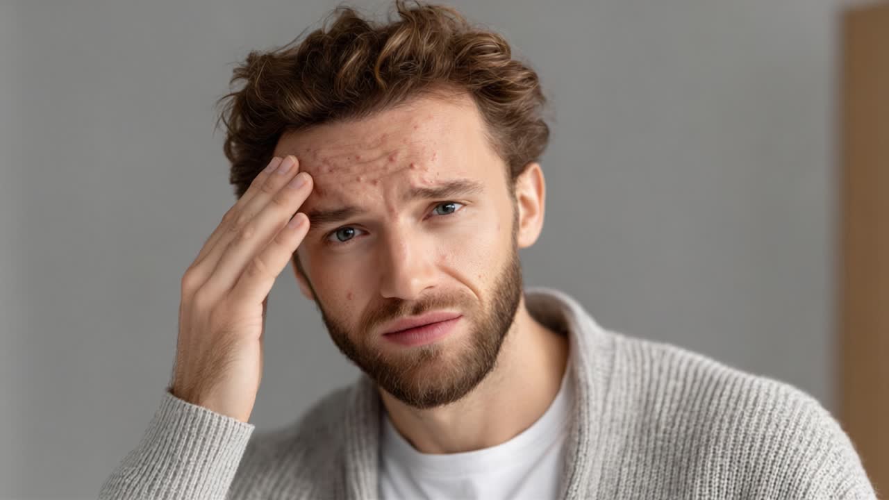 Anxiety and Frustration: A Close-Up of a Young Man Expressing Distress and Physical Discomfort While Holding His Head in a Casual Indoor Setting