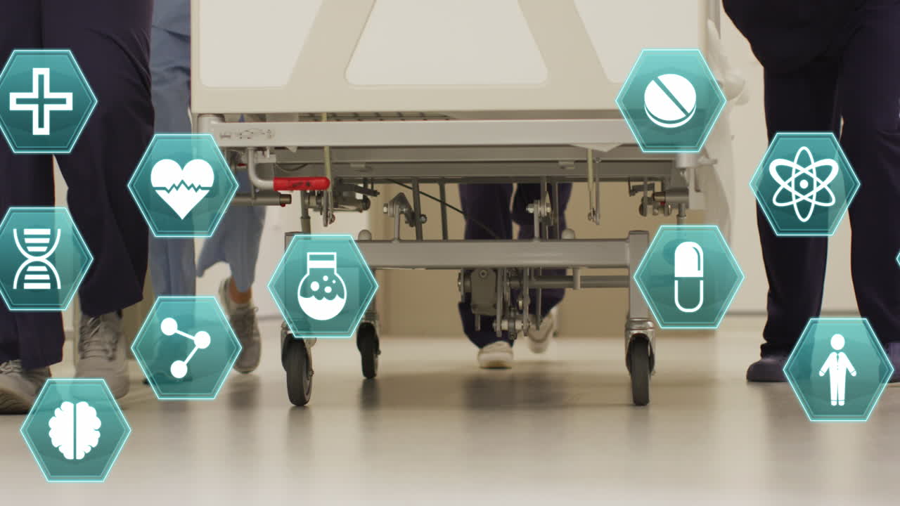 병원 침대에 있는 환자를 밀고 있는 의사들의 다리 위에 있는 의료 아이콘의 애니메이션