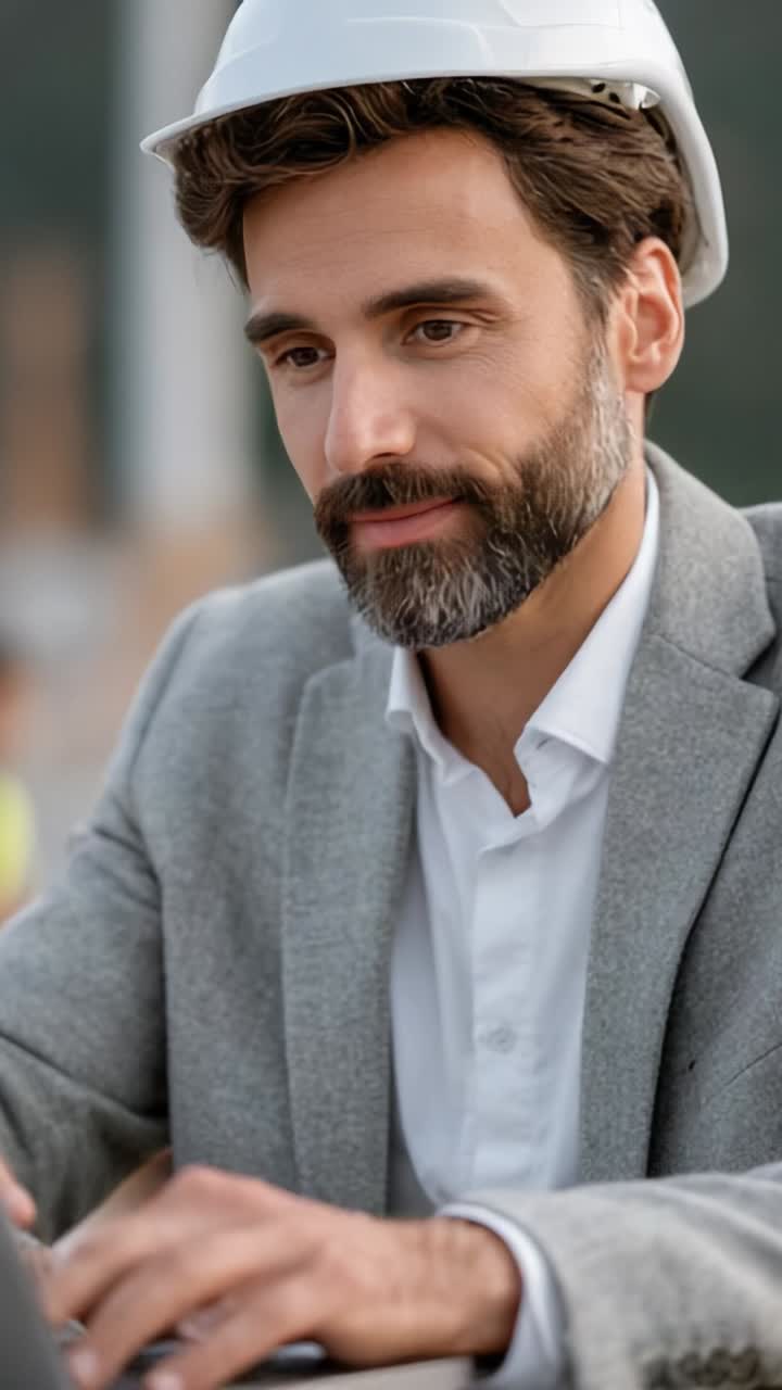 Professional Man in Hard Hat Working on Laptop at Construction Site, Focused on Tasks while Showcasing Modern Work Environment and Team Collaboration