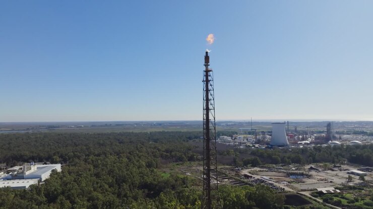 Veduta aerea diurna di un complesso di raffineria con torcia di combustione ed edifici industriali