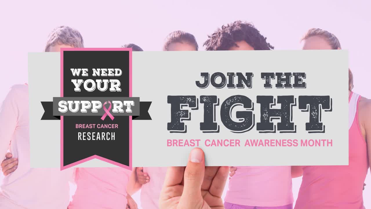 animación del logotipo de la cinta rosa y el texto del cáncer de mama sobre un grupo de un grupo diverso de mujeres