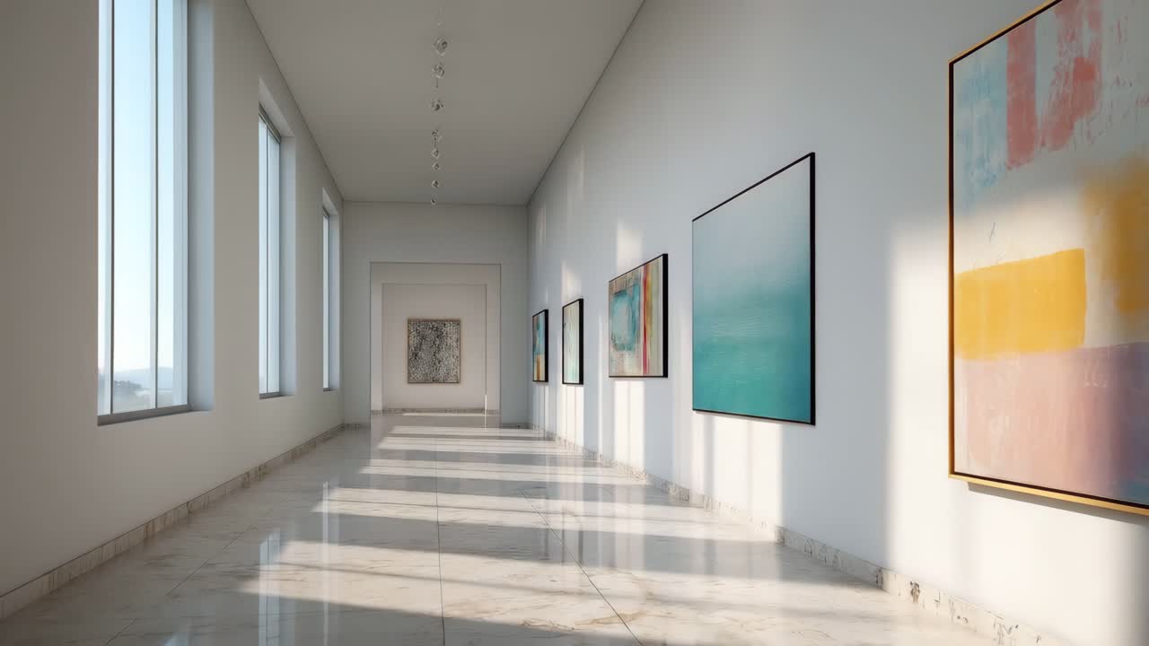 Interno di una galleria d'arte moderna con luce solare