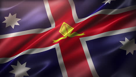 bandera de la iglesia anglicana de australia, vista en perspectiva, ángulo alto, elegante textura sedosa, ondeando en el viento, aspecto de película, animación realista 4k cg, movimiento lento revoloteando, sin problemas de bucle