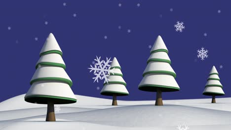 Animation-of-snow-falling-over-fir-trees-and-winter-landscape