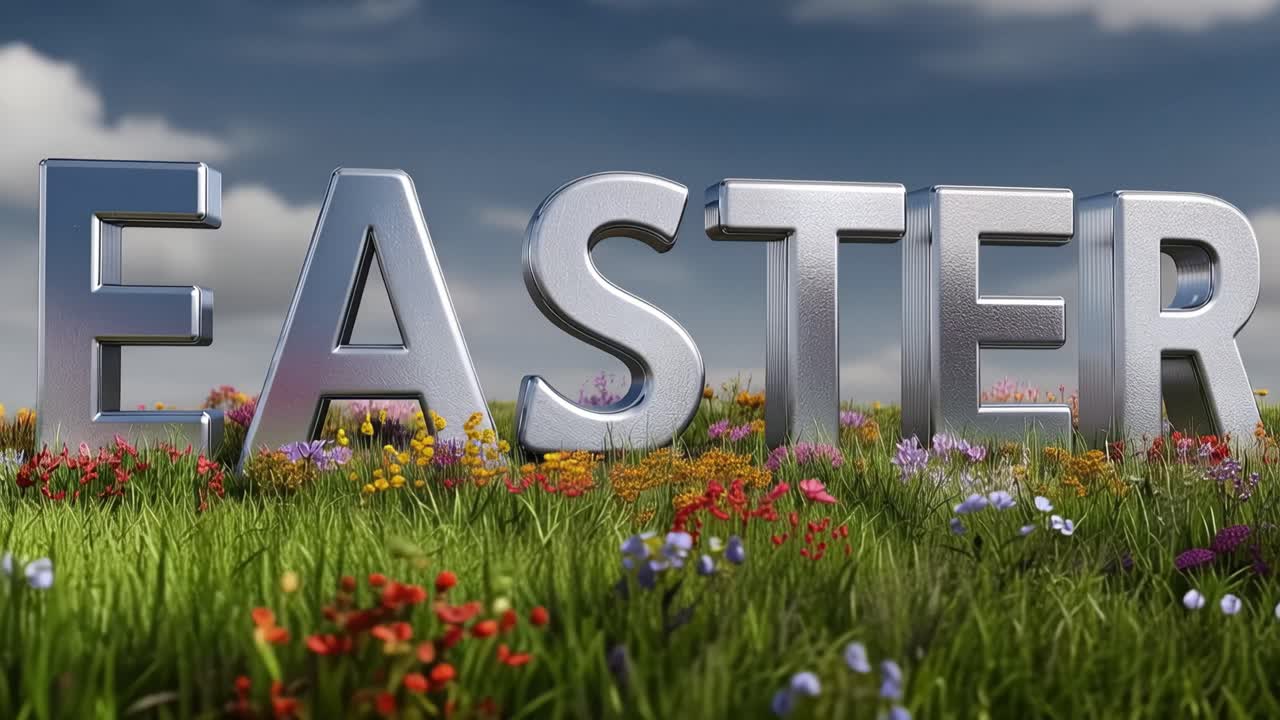 Metal letters spell "EASTER" in vibrant spring field. Flowers bloom around bold, gleaming characters. Sky above is soft blue, with scattered clouds. Gentle sunlight enhances natural setting