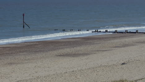 shot of the waves crashing over the sea defence groynes at bacton beach