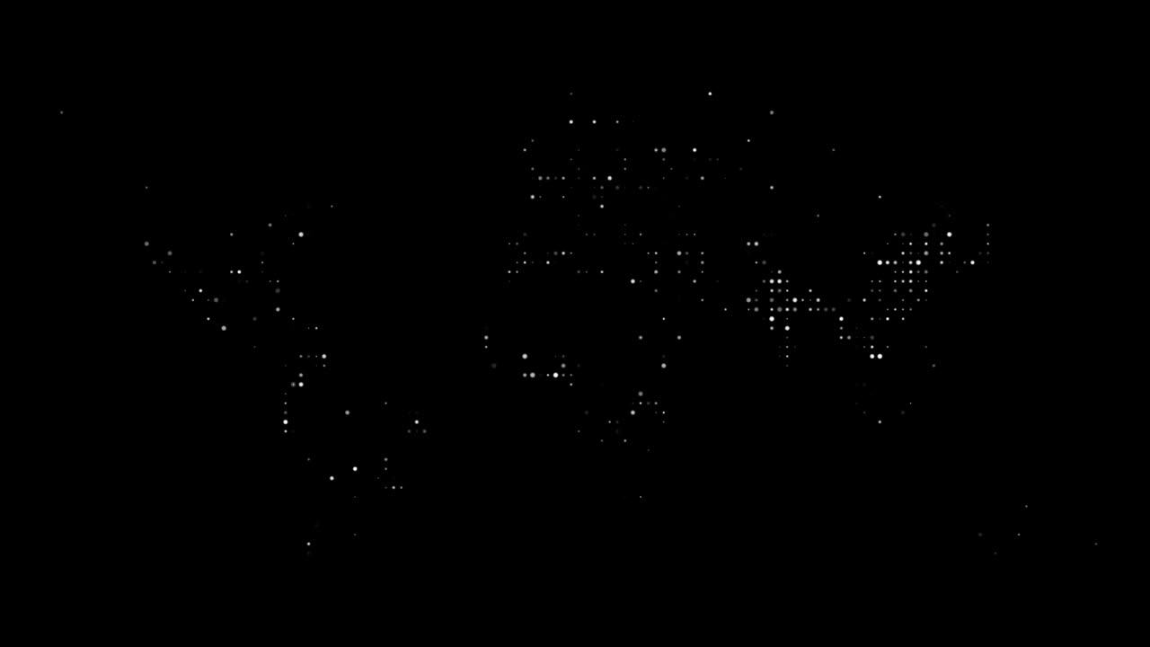 Digital world map composed of flickering white dots on black. Global communication, technology, data network concept animation, dark background