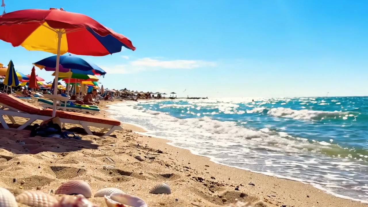 Een serene strandscène die de schoonheid van schelpen en een zonovergoten kustlijn vastlegt, met kleurrijke parasols op de achtergrond op een perfecte zomerdag.