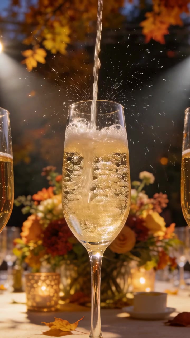 Video verticale: Flusso pallido che si versa riempiendo un flûte di champagne centrale su un tavolo da festa, celebrando l'autunno.
