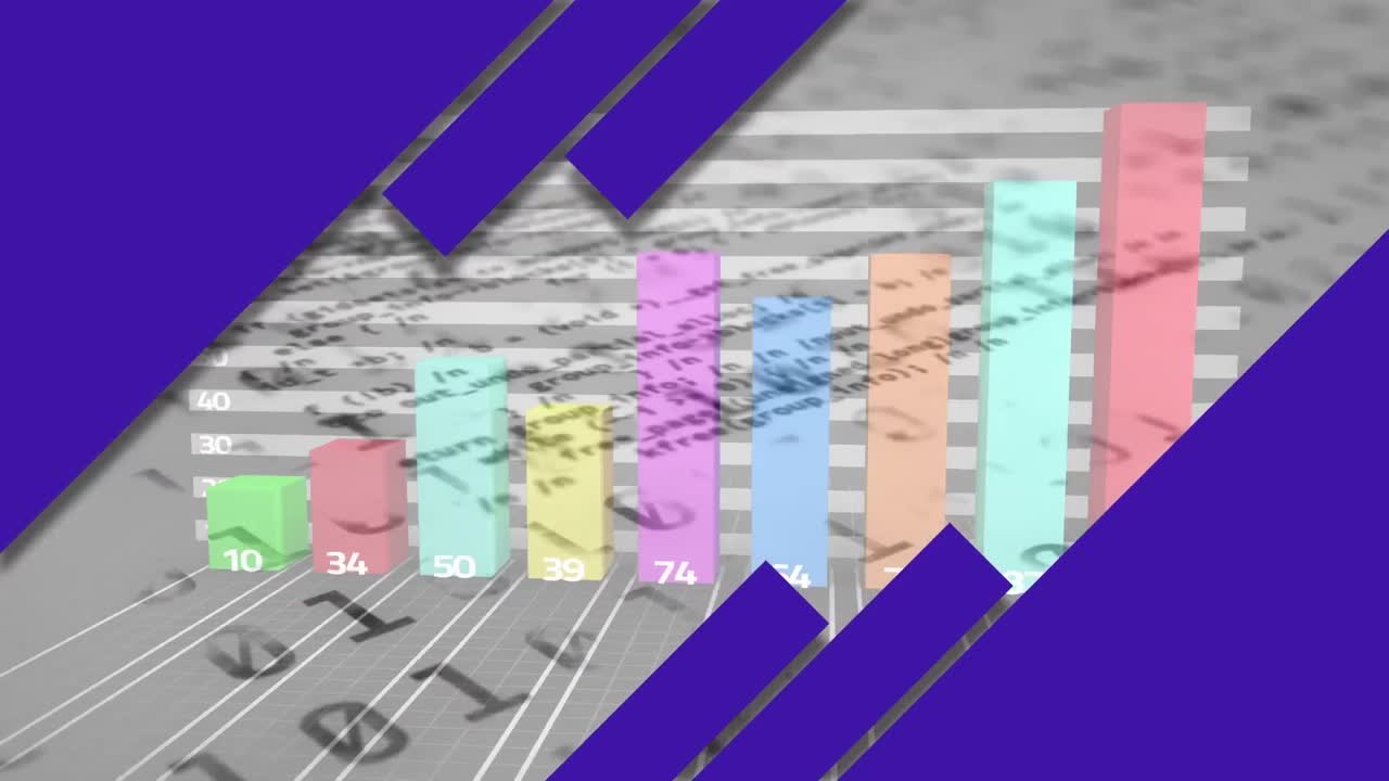 animación de rectángulos púrpuras sobre gráficos y procesamiento de datos binarios