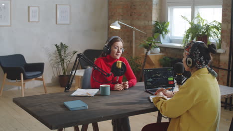 female bloggers recording podcast together