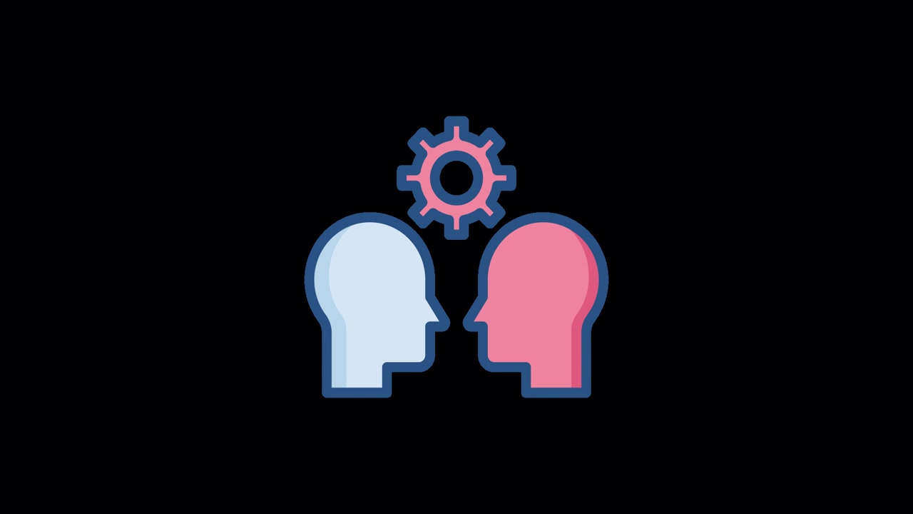 Icono animado de dos cabezas con un engranaje giratorio para interacción y resolución de problemas.