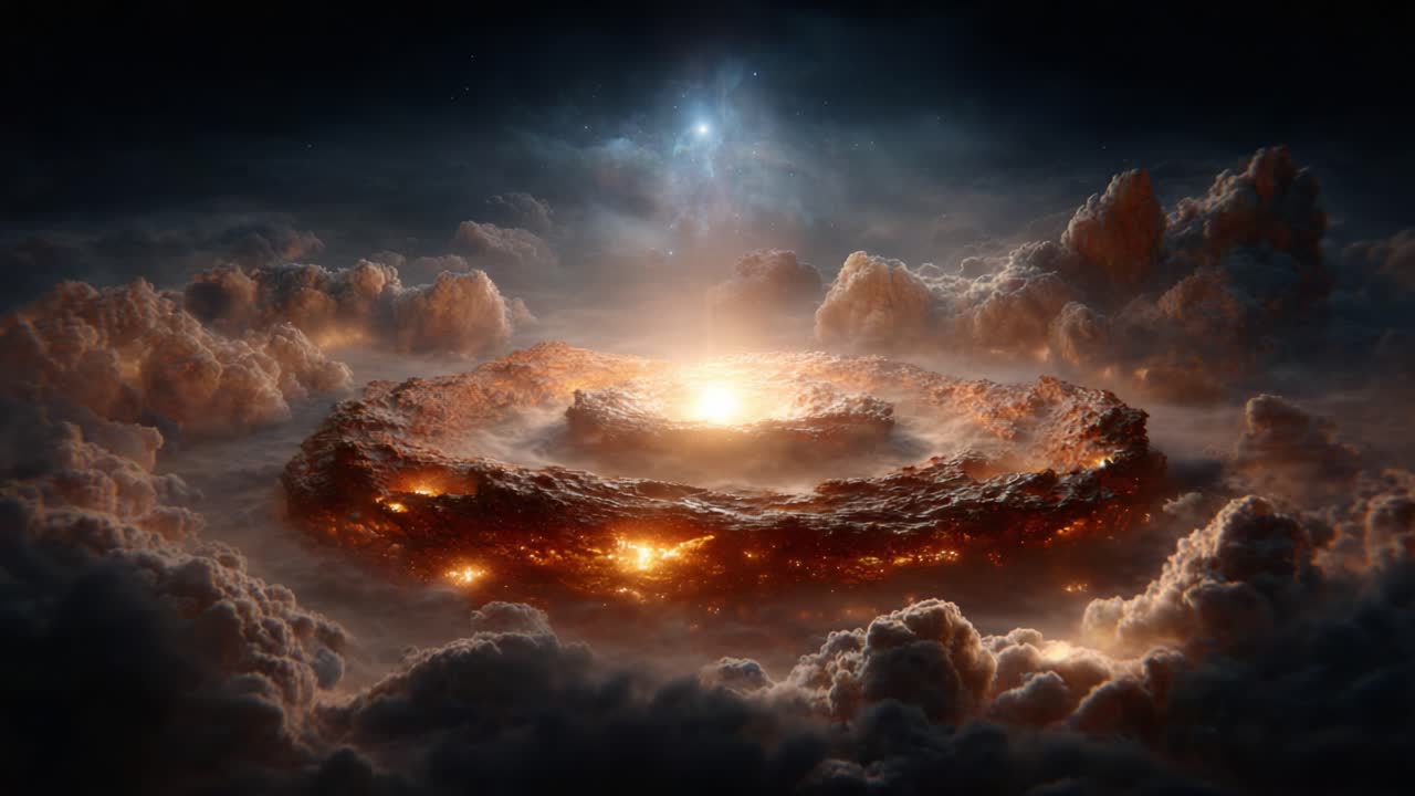 A Cosmic Phenomenon: The Birth of a Celestial Ring Illuminated by a Fiery Core Surrounded by Ethereal Clouds and Stellar Light