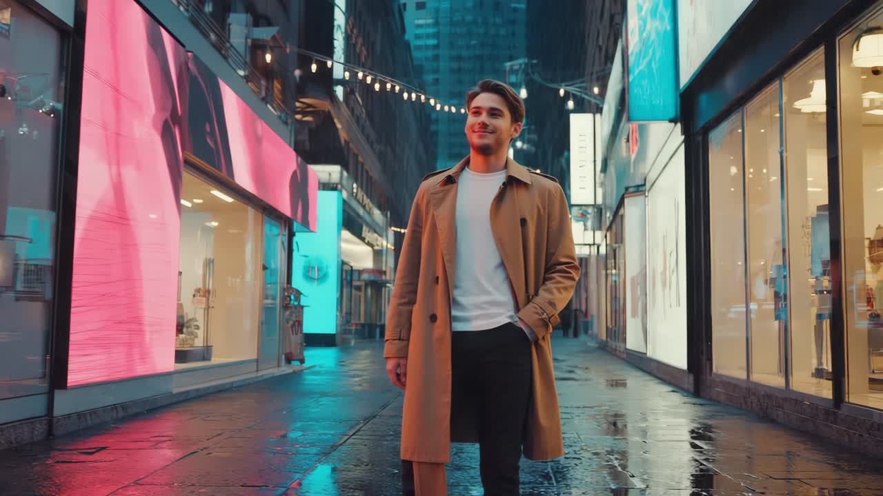 Man in trench coat walking on city street at night