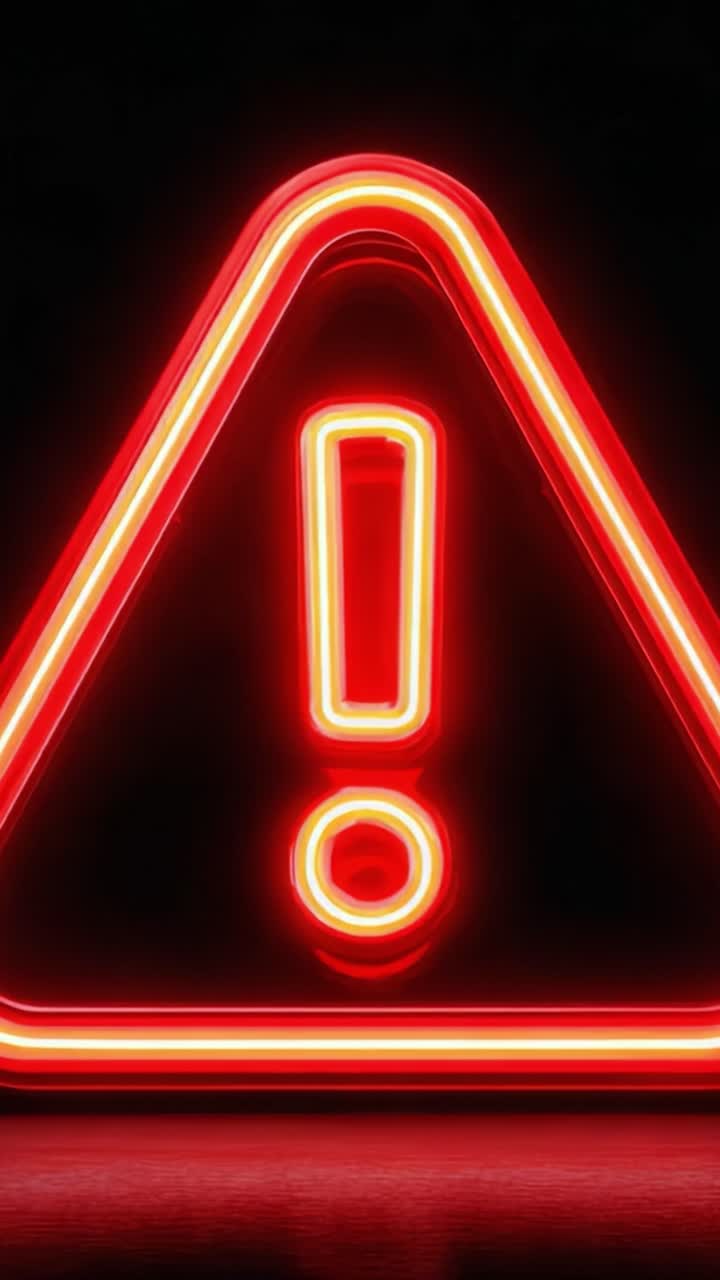 En lysende neonadvarsel: Et markant rødt alarmsymbol, der understreger sikkerhedsbekymringer og forsigtighed i moderne visuel kommunikation