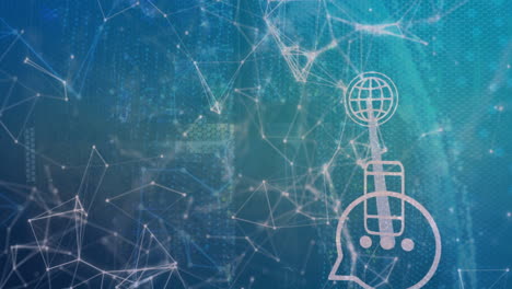 animation of digital network connections and data processing on blue background
