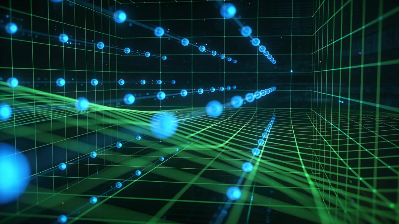 Advancing viewpoint sending glowing blue spheres and green ribbons through grid cube, adding depth