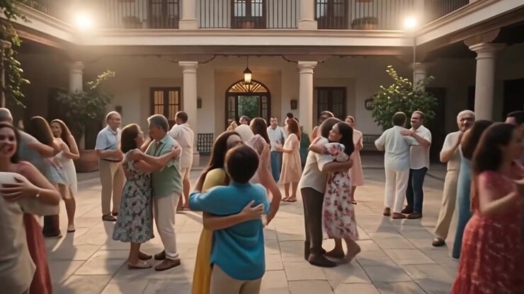 Multi-Generational Family Gathering Celebrating and Dancing in a Courtyard