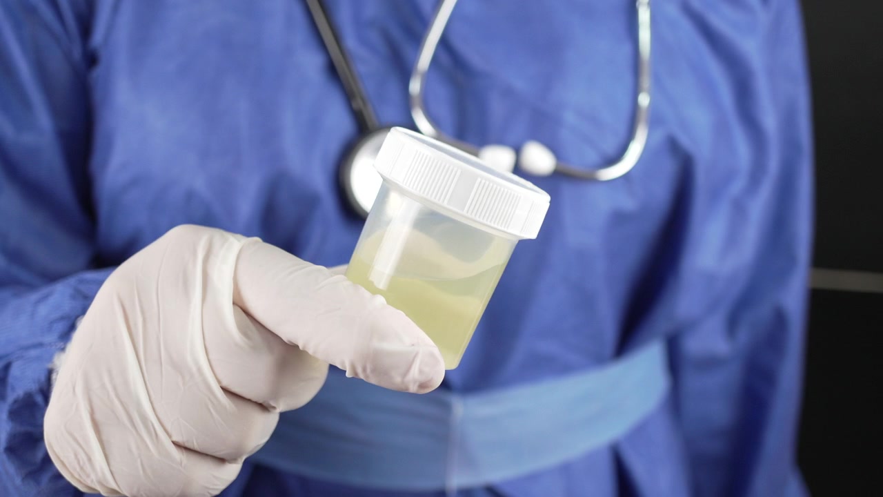 Mano guantata in lattice presenta un contenitore trasparente in plastica per campioni di urina riempito di liquido giallo su uno sfondo di uniforme blu, un concetto forte per analisi di laboratorio o test antidroga