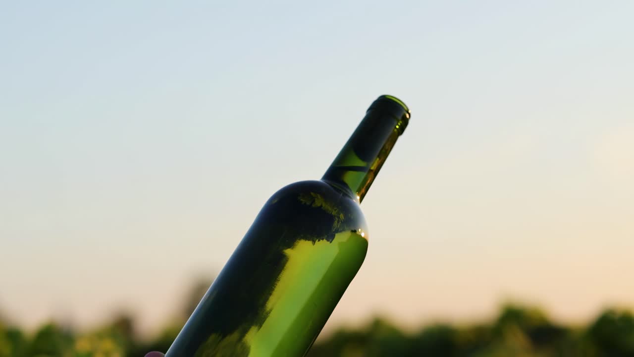 A hand holds a wine bottle with a sunset sky backdrop, surrounded by vineyard greenery.