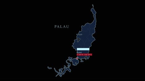 mapa estilizado azul de palau con la ciudad más grande de koror y las coordenadas geográficas en fondo negro
