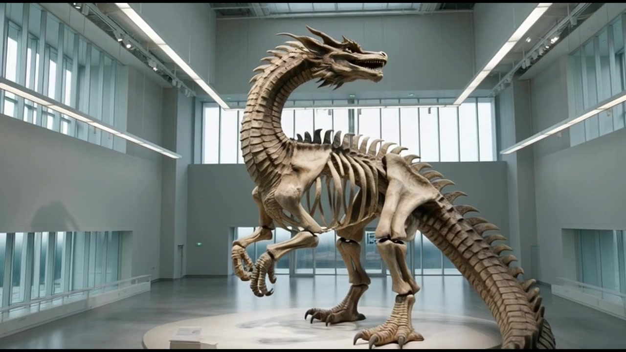 Grande scheletro di drago esposto in una moderna galleria museale